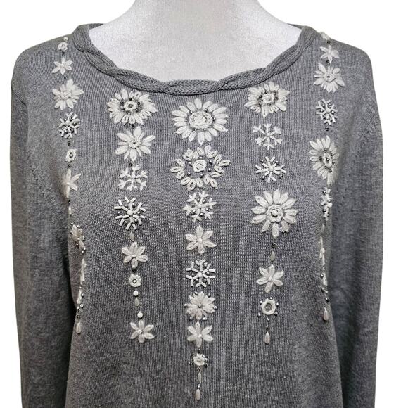 Alfred Dunner Embroidered Beaded Sweater Women's Gray Size Large Petite - Picture 2 of 9